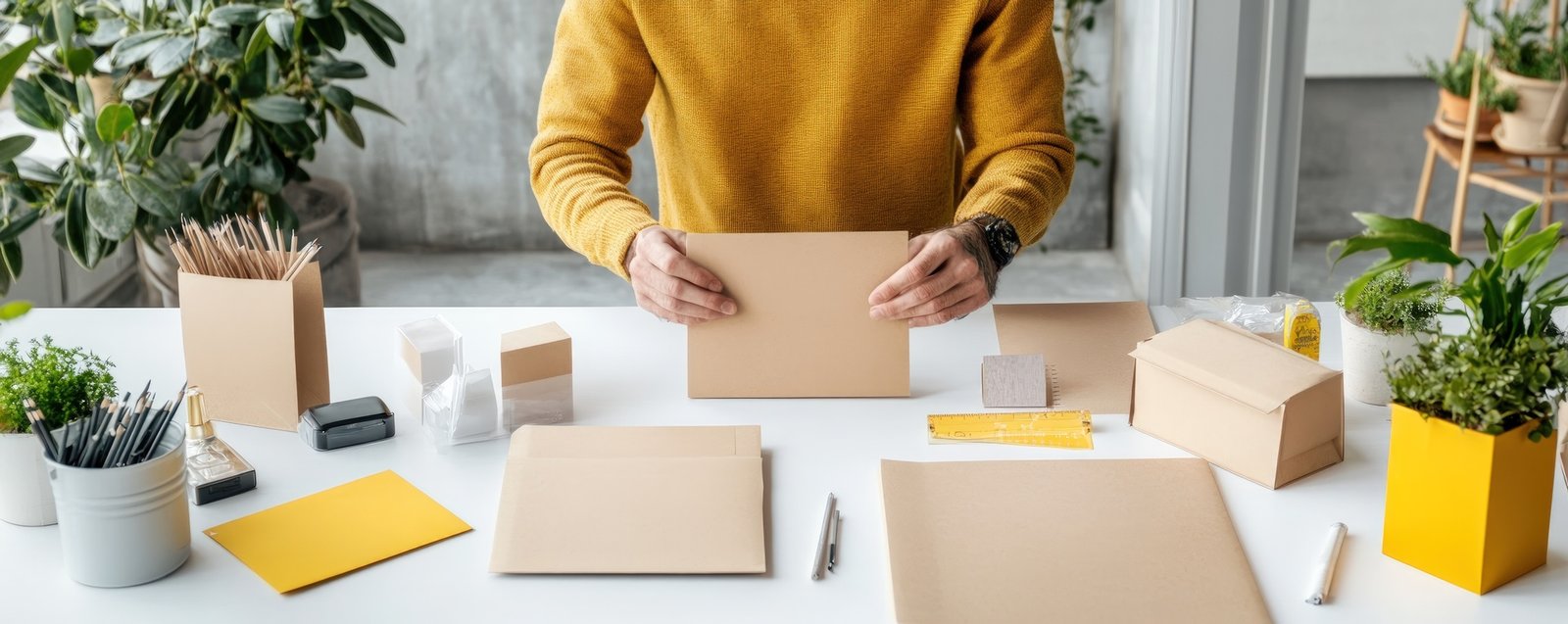 person preparing stationery mailing supplies on desk